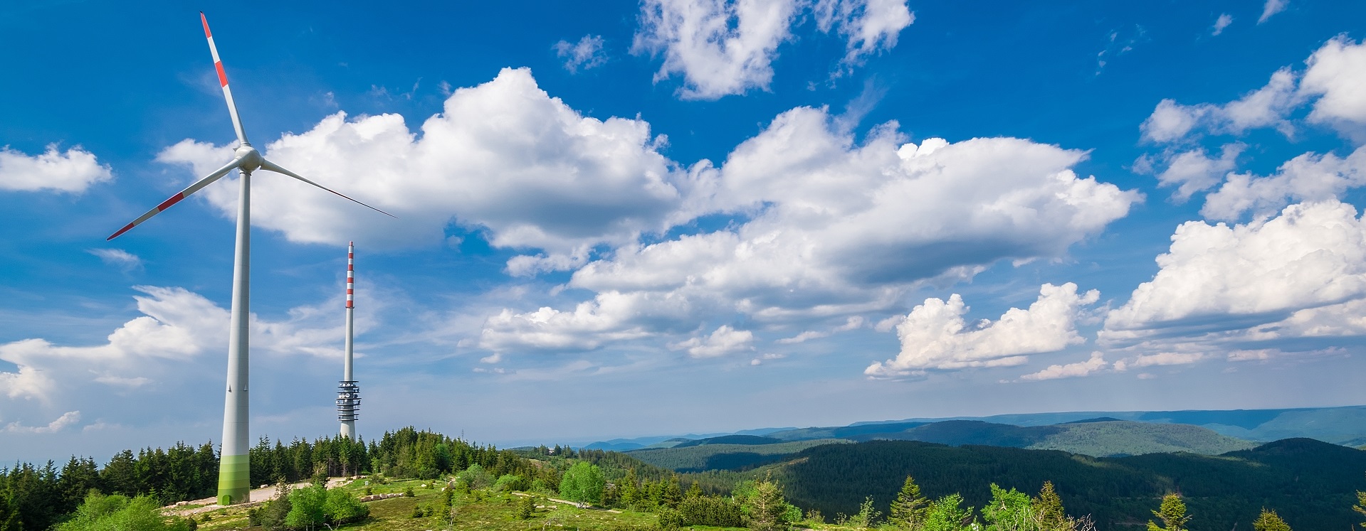Schwarzwald fertig-shutterstock_649549159 Zwei Windkrafträder in schöner, sommerlicher Landschaft.